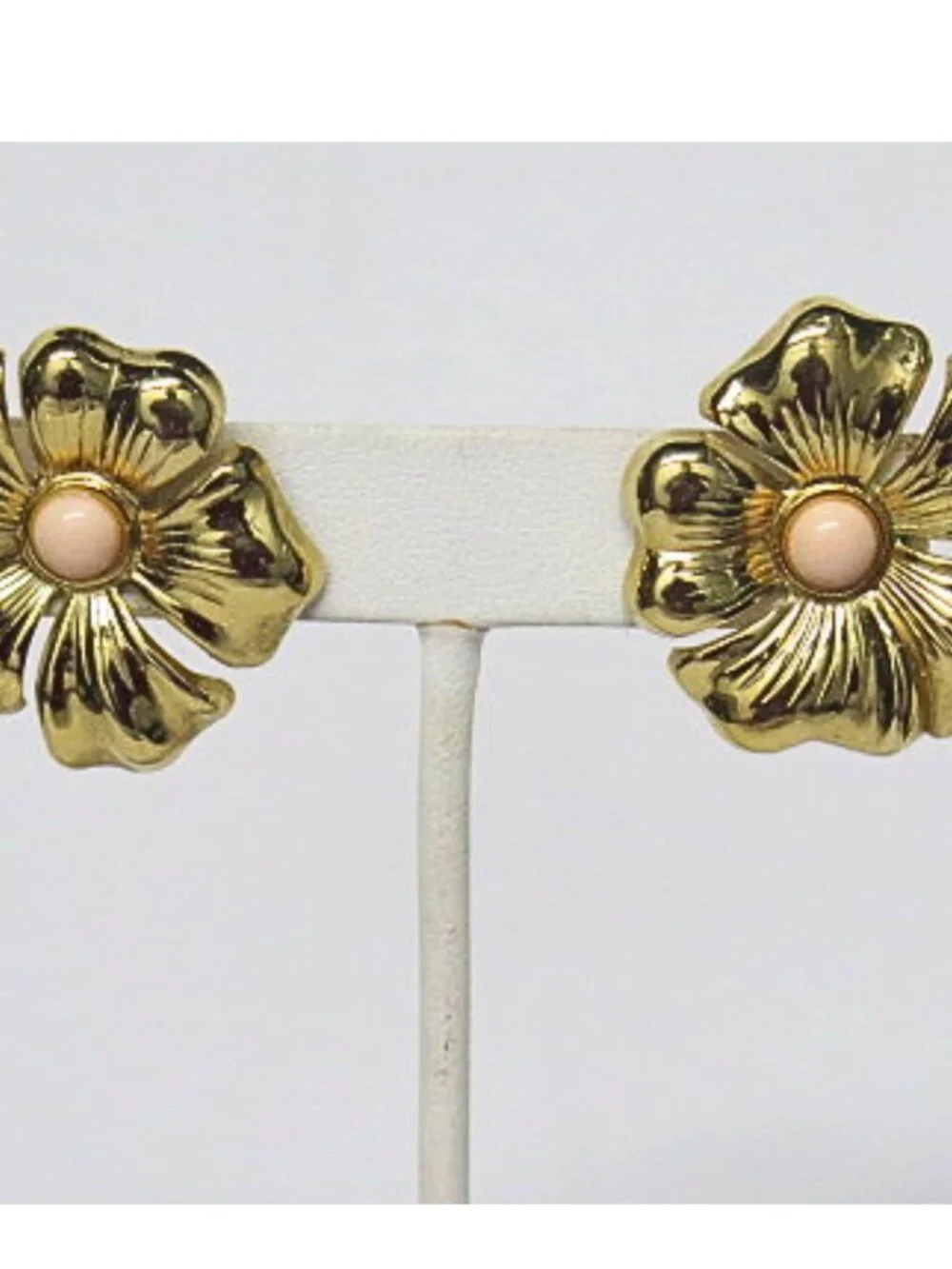 Vintage Gold Tone Floral Statement Earrings Peach Cabochon Pierced